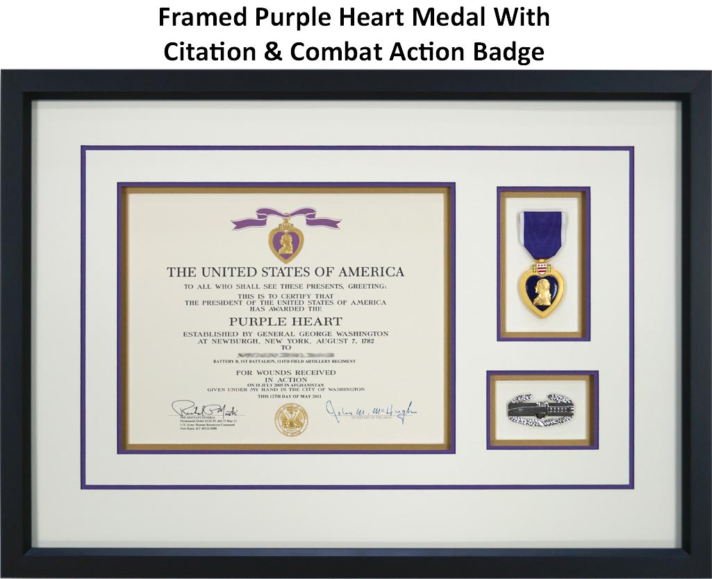 Framed Purple Heart Medal With Citation and Combat Action Badge